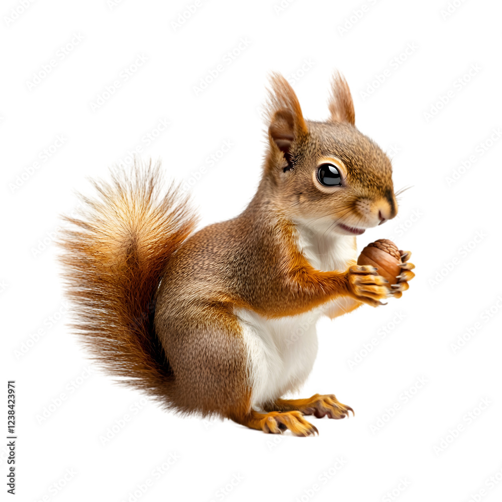 Obraz premium A small squirrel with bushy fur, sitting on a white surface holding an acorn. Transparent background