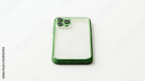 A clear green phone case lies on a white surface, showcasing its sleek design and cutouts for camera and ports. photo