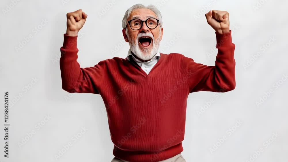 Man in a red sweater is smiling and raising his arms in the air. He looks happy and excited