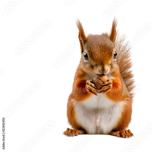 A small squirrel with bushy fur, sitting on a white surface holding an acorn. Transparent background


