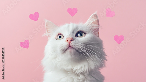 A White Cat Gazing at Pink Hearts