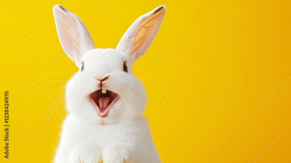 A White Rabbit With Big Ears, Wide Open Mouth, Against A Yellow Background. A White Rabbit With Big Ears, Wide Open Mouth, Against A Yellow Background.