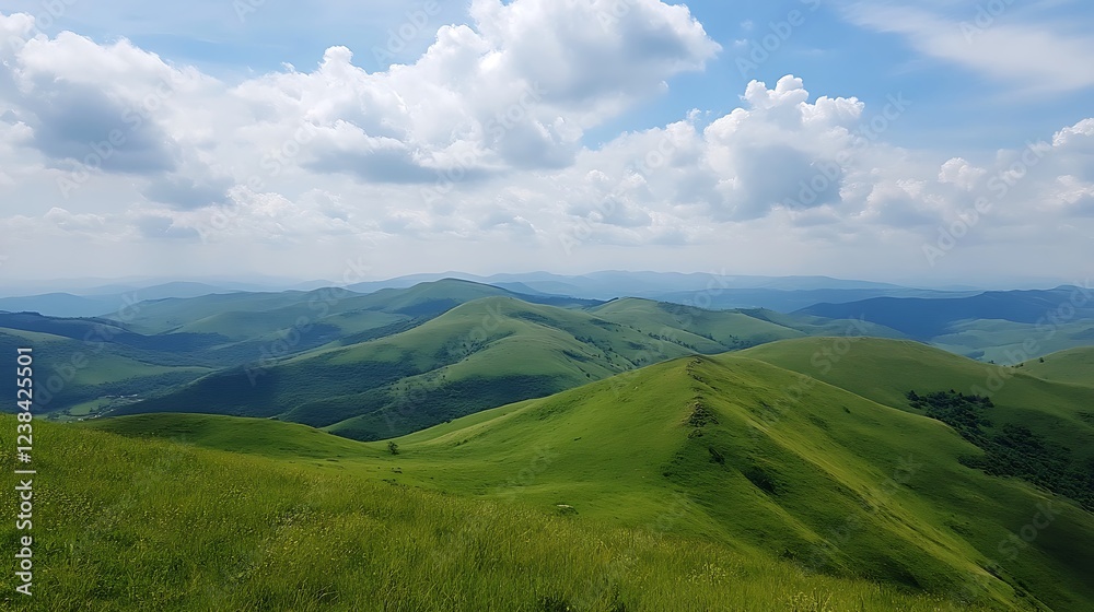 Rolling green hills and mountains under a blue sky with fluffy clouds. Rolling green hills and mountains under a blue sky with fluffy clouds.