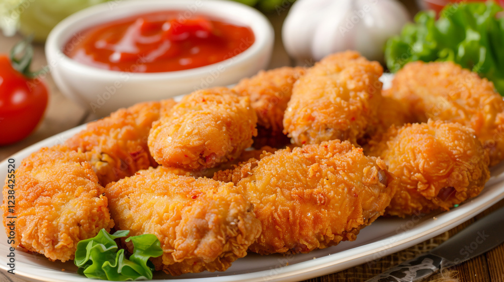 Fresh fried chicken wings with tomato sauce on a plate Fresh fried chicken wings with tomato sauce on a plate