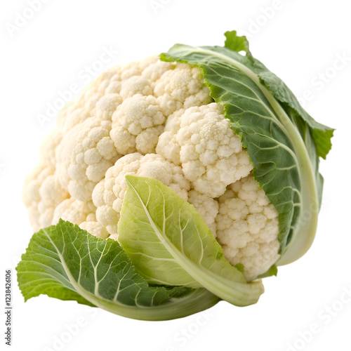 Fresh cauliflower vegetable with green leaves isolated on raw food diet on transparent background