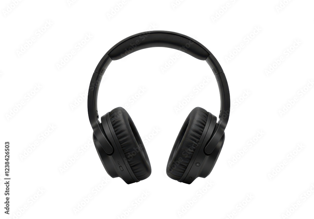 Fototapeta premium Modern black over-ear headphones with a padded headband and cushioned ear cups, isolated on white background