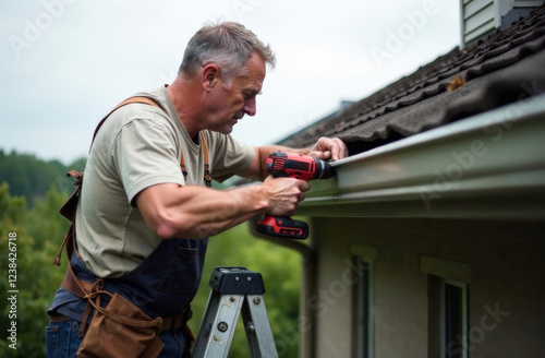 A black man on a ladder installing aluminum gutters on the edge of a house roof. He is dressed in simple work attire, focused on securing the gutter with a power drill