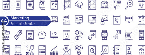 Marketing Line Editable Icons set. Vector illustration in modern thin line style of business related icons. advertising, market research, optimization, and more.