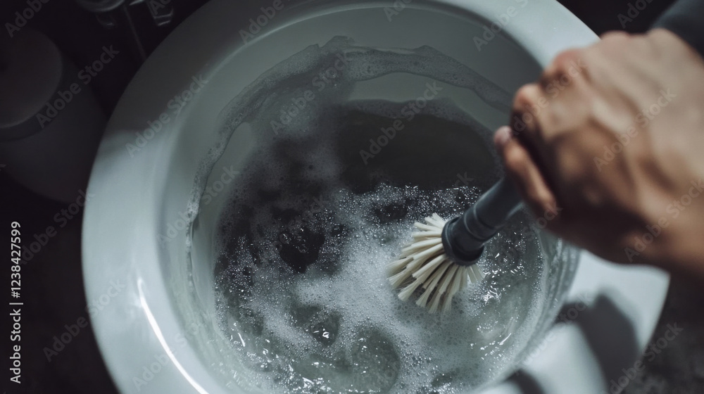 Fototapeta premium Close-Up of a Person Using a Toilet Brush to Clean a Toilet with Bubbles and Water in a Dimly Lit Bathroom Environment