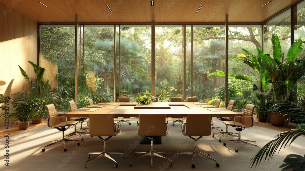Fototapeta premium premium boardroom environment, contemporary business interior, natural material fusion, floor-to-ceiling glazing, indoor tropical greenery, minimalist furniture design, modern workplace concept,