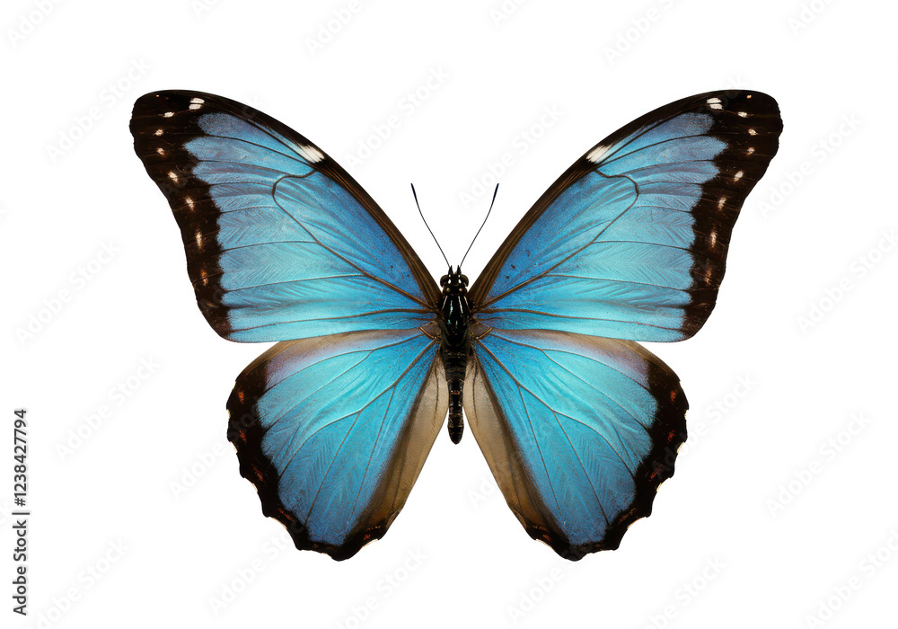 Fototapeta premium Stunning blue butterfly with open wings displaying intricate black and white details, isolated on white background