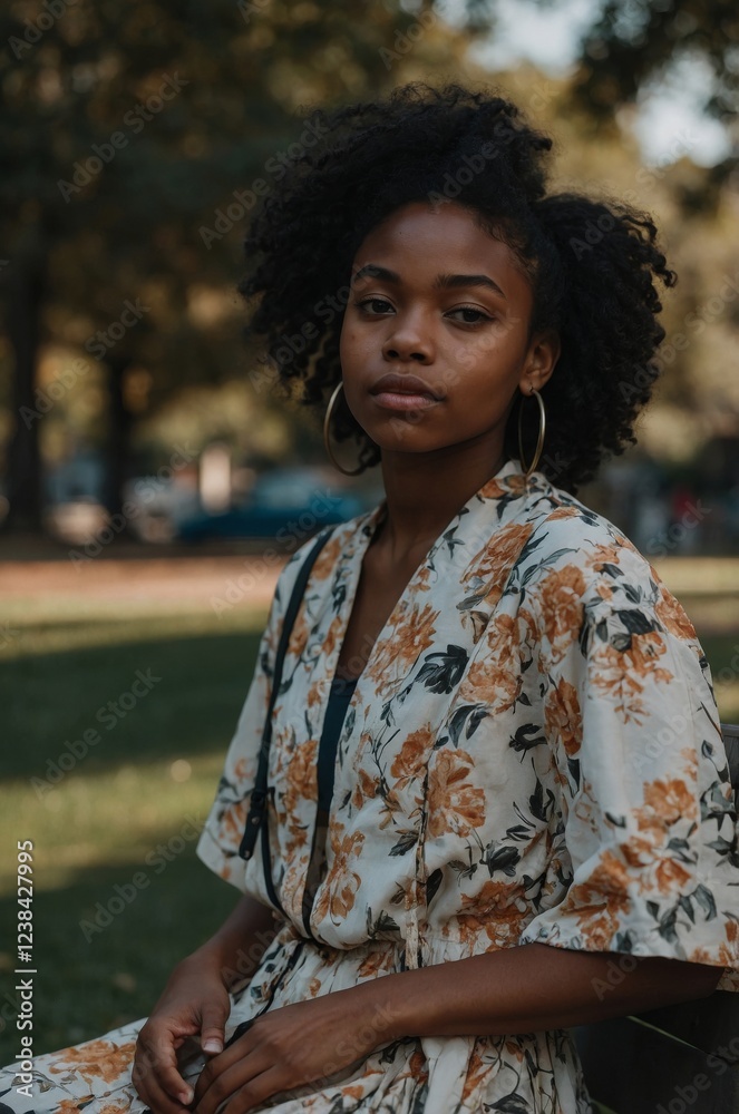 Young woman sits elegantly in a park, surrounded by nature, showcasing a relaxed and thoughtful demeanor in warm sunlight