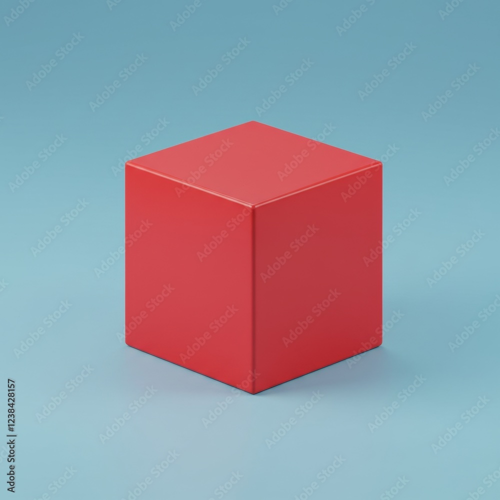 Minimalist bright red cube on light blue background Minimalist bright red cube on light blue background