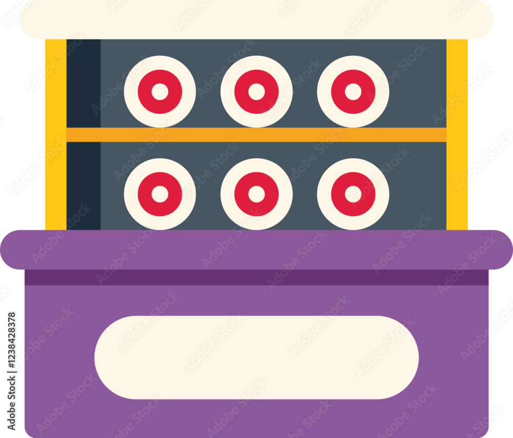 Shooting range game stand with targets on shelves for shooting practice, flat style icon design Shooting range game stand with targets on shelves for shooting practice, flat style icon design