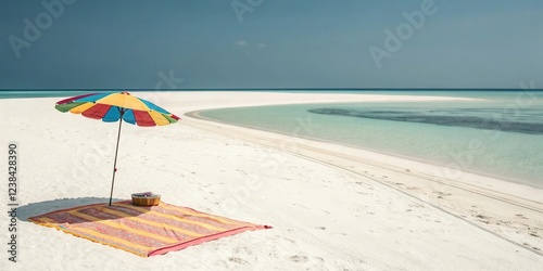 A colorful beach umbrella and picnic blanket await on a pristine, secluded sandbar with tranquil turquoise waters.