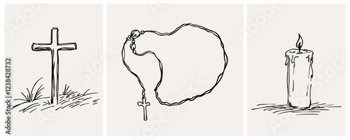 Illustrated Religious Symbols with Candle and Cross