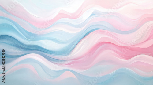 Soft Pastel Waves on a Canvas with Flowing Gentle Tones of Pink, Blue, and White, Creating a Serene Abstract Background for Calm and Peaceful Vibes