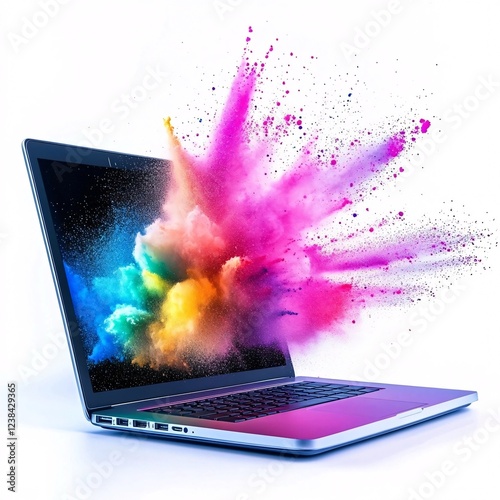 A laptop with an explosion of color bursting from the screen, symbolizing creativity, innovation, and digital art