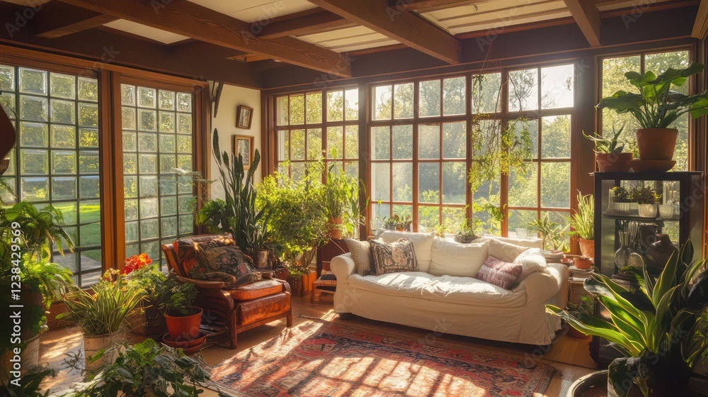 Fototapeta premium A bright sunroom with potted plants, wood beams, and large windows that let in the soft glow of a morning sunrise.