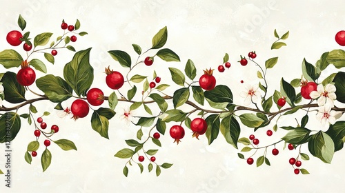 Wallpaper Mural   A painting of a red-berried tree branch with green foliage and white flowers Torontodigital.ca