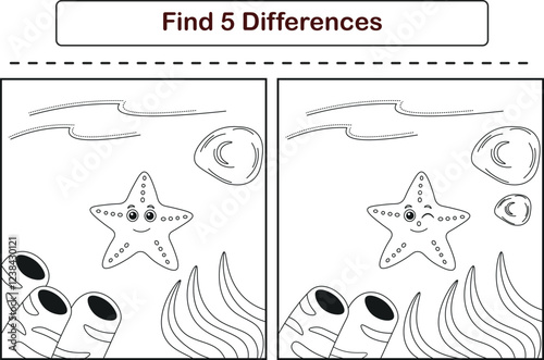 Funny cartoon starfish. Find 5 differences. Kids Education games. Cartoon vector illustration