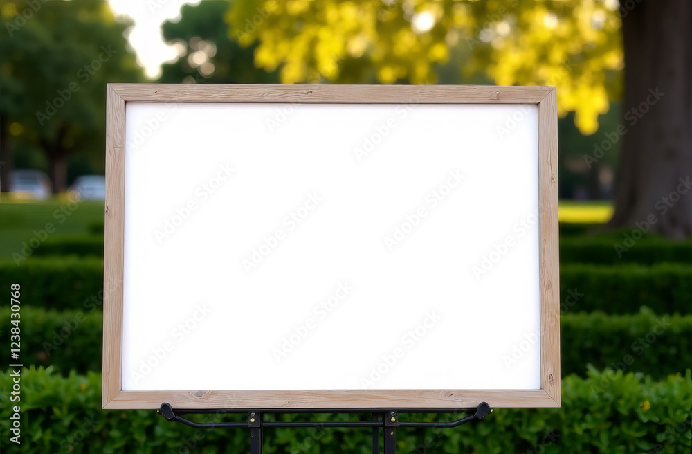 Fototapeta premium White blank screen sandwich board, placed outdoor by green tree hedges, mockup template.