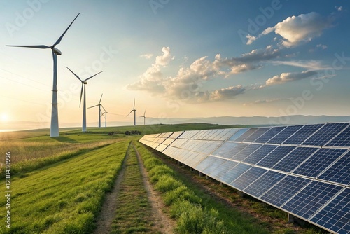 clean energy concept, Solar power plant and wind turbines at beautiful sunset background. generated by AI.