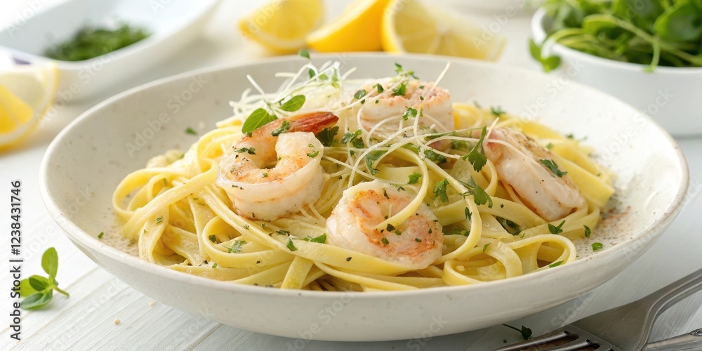 A delectable dish of fettuccine pasta with succulent shrimp, garnished with fresh herbs and a hint of lemon zest. A delectable dish of fettuccine pasta with succulent shrimp, garnished with fresh herbs and a hint of lemon zest.