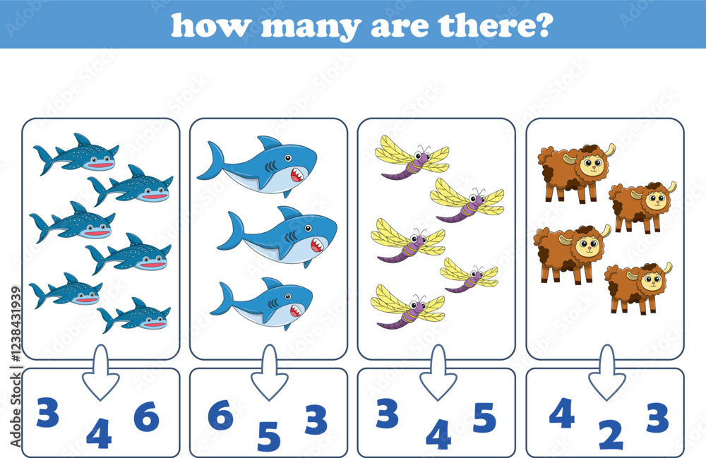 Counting game of wild animals for preschool kids. Printable. Vector Illustration Counting game of wild animals for preschool kids. Printable. Vector Illustration