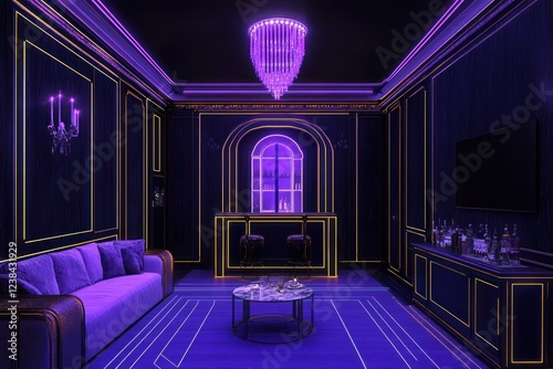 Luxurious purple-lit bar, night view, elegant interior design, home bar photo