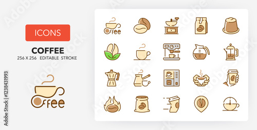Line icons about coffee. Contains such icons as espresso, take away, moka and more. 256x256 Pixel Perfect editable in colors