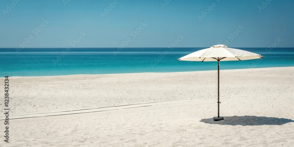 A solitary white beach umbrella casts a shadow on pristine sand, overlooking a tranquil turquoise ocean under a vibrant blue sky. A solitary white beach umbrella casts a shadow on pristine sand, overlooking a tranquil turquoise ocean under a vibrant blue sky.
