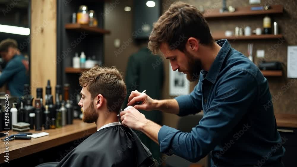 A skilled barber gives a precise haircut to a client in a contemporary salon A skilled barber gives a precise haircut to a client in a contemporary salon