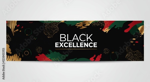 Black excellence written in bold white letters on a black background with artistic splashes of red, green, and gold, symbolizing achievement and cultural pride photo