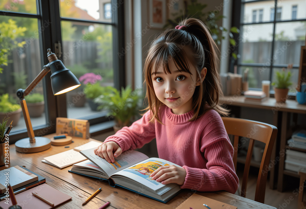 The Little Girl Reading a Book in a Cozy Room The Little Girl Reading a Book in a Cozy Room