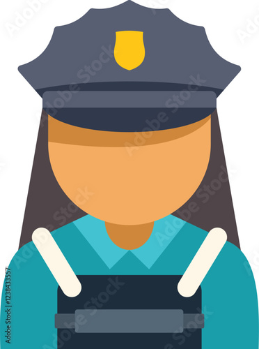 Simple flat vector illustration of a police officer wearing a uniform and hat, standing at attention, conveying authority and safety