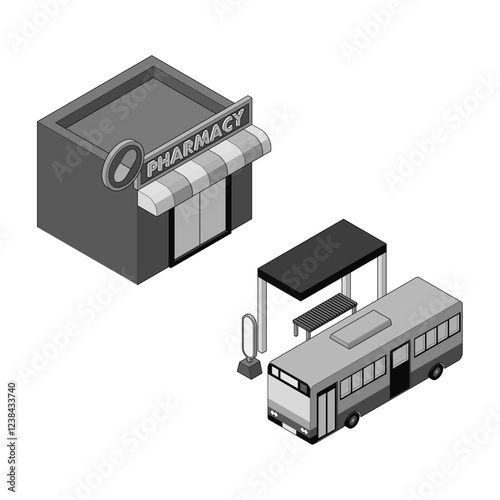 バス停に停車しているバスと薬局が描かれたモノクロのアイソメトリックイラスト。線画スタイル、右面法。