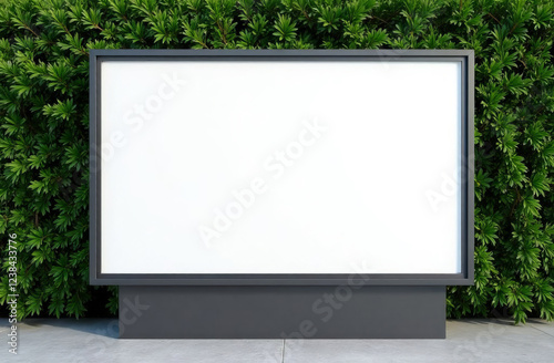 White blank screen sandwich board, placed outdoor by green tree hedges, mockup template.