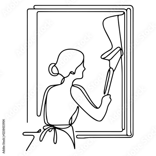 Line drawing of woman washing window on white background