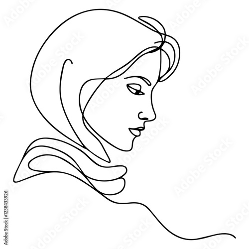 Line drawing of woman in a scarf on white background