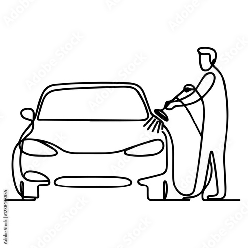 Line drawing of man washing car on white background