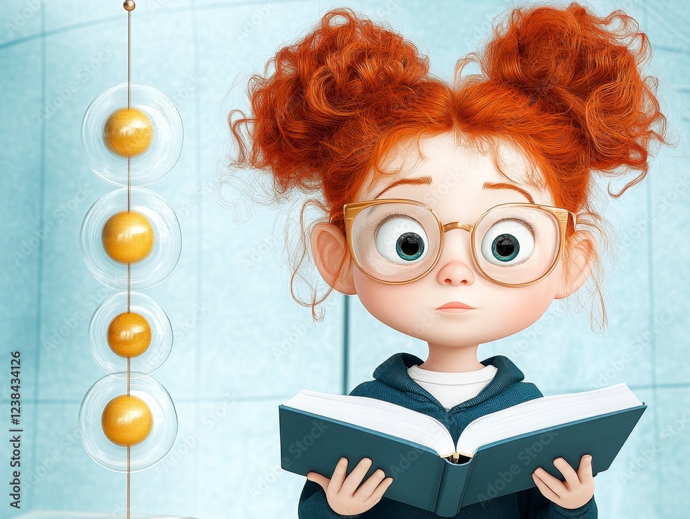 Curious Girl Reading a Book: A Whimsical 3D Render of a Young Reader in a Minimalist Bathroom Setting Curious Girl Reading a Book: A Whimsical 3D Render of a Young Reader in a Minimalist Bathroom Setting