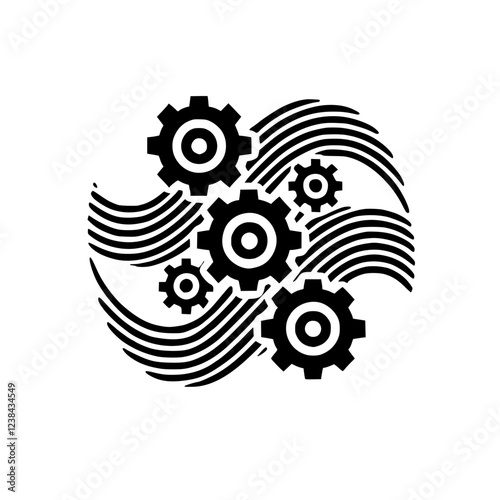 Abstract Gear Pattern: Black and White Minimalist Tech Design.  Geometric Waves and Cogwheels. Industrial Movement Illustration.