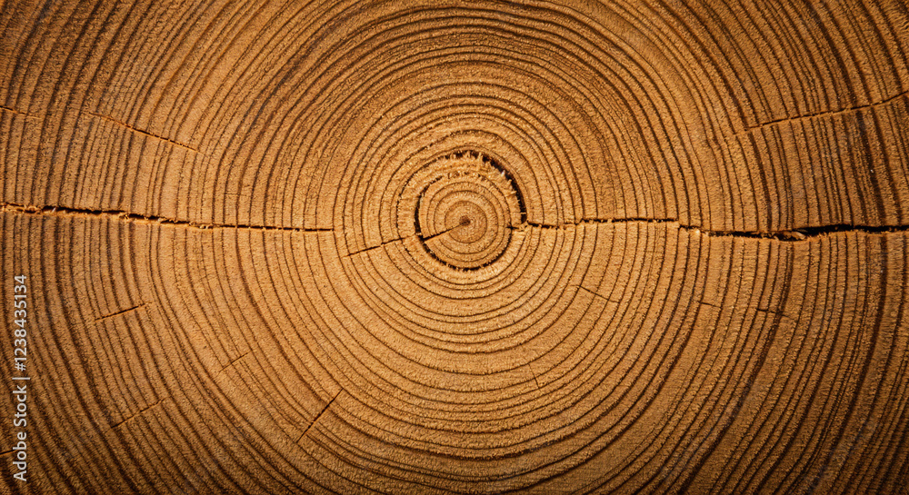 Fototapeta premium Detailed view of a cut tree trunk highlighting its growth rings and a natural crack, showcasing the beauty of nature's patterns