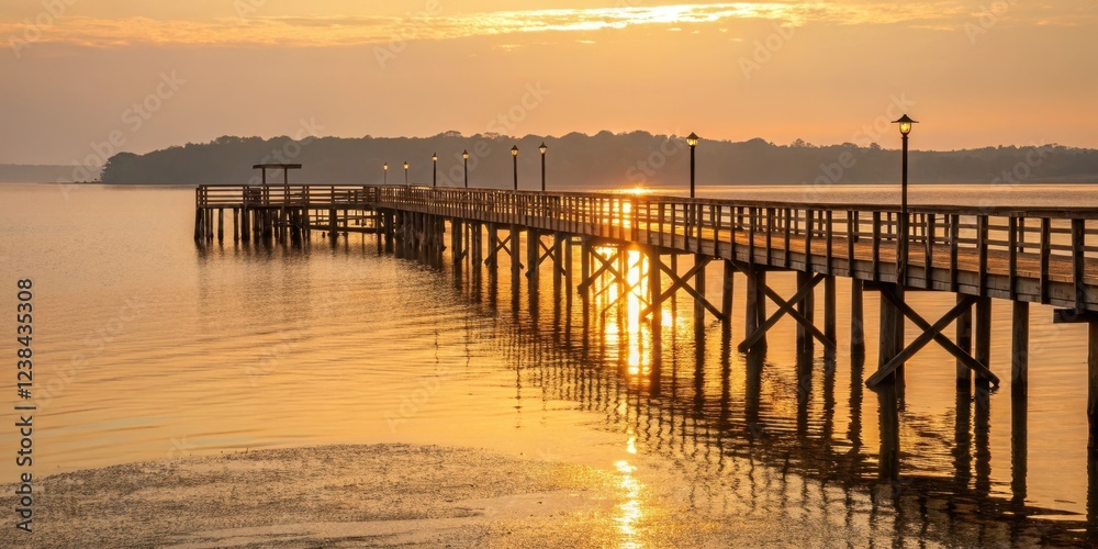 Fototapeta premium Golden Sunrise Illuminates a Serene Wooden Pier Extending Over Calm Water