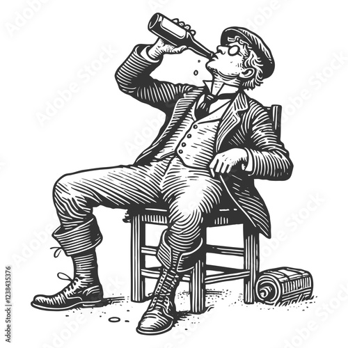 Drunkard Drinking from Bottle sketch vector