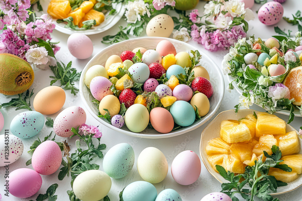Easter brunch table with pastel-colored eggs, fresh fruit salad, and floral decorations, creating a festive and vibrant spring celebration Easter brunch table with pastel-colored eggs, fresh fruit salad, and floral decorations, creating a festive and vibrant spring celebration