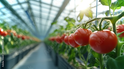 Fresh ripe tomatoes growing in a greenhouse surrounded by lush green plants photo