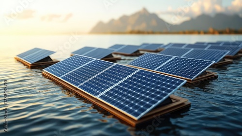 Renewable energy climate change concept. Floating solar panels harnessing sunlight on a serene water surface. photo