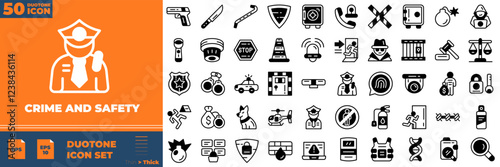 Crime And Safety Duotone Editable Icons set. Vector illustration in modern thin duotone style of crime and safety icons: security, hacker, police, etc